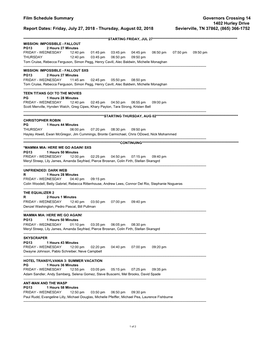 Film Schedule Summary Governors Crossing 14 1402 Hurley Drive Report Dates: Friday, July 27, 2018 - Thursday, August 02, 2018 Sevierville, TN 37862, (865) 366-1752