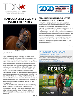 KENTUCKY SIRES 2020 VII: FASIG, KEENELAND ANNOUNCE REVISED PROCEDURES for TAA FUNDING ESTABLISHED SIRES Fasig-Tipton Company, Inc
