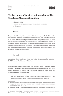 The Beginnings of the Graeco-Syro-Arabic Melkite Full Is Advance Article: 21 Full Article Language: En Indien Anders: Engelse Articletitle: 0