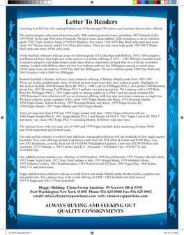 Letter to Readers Checking It at 945 Lots, This Catalog Features One of the Strongest $5 Reserve Card Auctions That We Have Offered