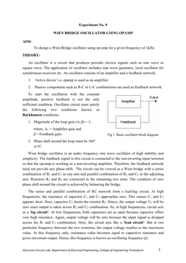 Wien Bridge Oscillator Using Op-Amp for a Given Frequency of 1Khz