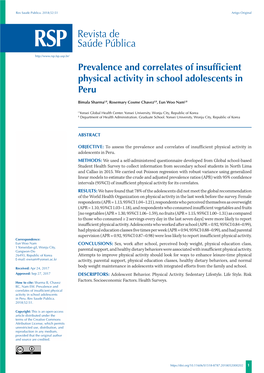 Prevalence and Correlates of Insufficient Physical Activity in School Adolescents in Peru