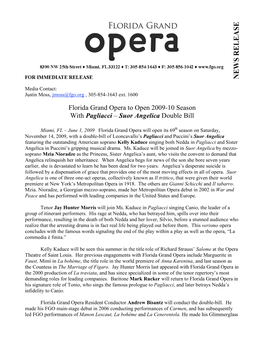 Florida Grand Opera to Open 2009-10 Season with Pagliacci – Suor Angelica Double Bill