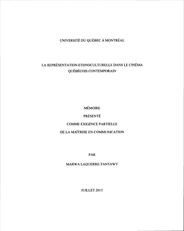 La Représentation Ethnoculturelle Dans Le Cinéma Québécois Contemporain