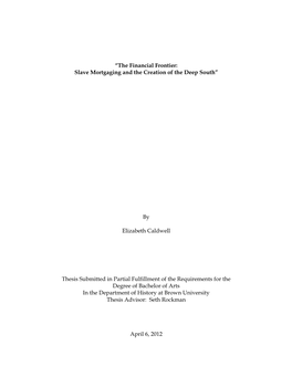 “The Financial Frontier: Slave Mortgaging and the Creation of the Deep South”