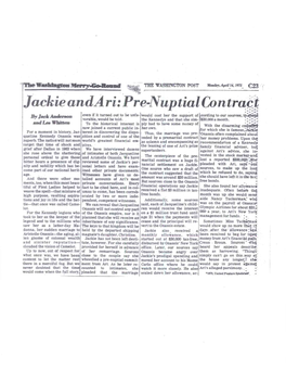 Jackie Anda Ri: Pre-Nuptial Contract by Jack Anderson Even If It Turned out to Be Unfa- Would Cost Her the Support of Cording to Our Sources, Tt)...A:B