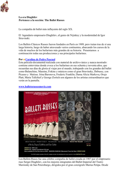 La Era Diaghilev Pertenece a La Sección: the Ballet Russes La Compañía De Ballet Más Influyente Del Siglo XX. El Legendari