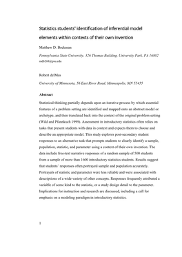 Statistics Students' Identification of Inferential Model Elements Within Contexts of Their Own Invention