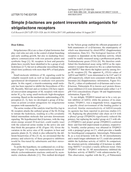 Simple Β-Lactones Are Potent Irreversible Antagonists for Strigolactone Receptors Cell Research (2017) 27:1525-1528