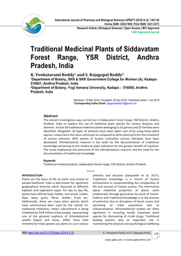 Traditional Medicinal Plants of Siddavatam Forest Range, YSR District, Andhra Pradesh, India