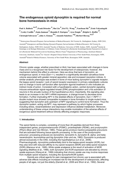 The Endogenous Opioid Dynorphin Is Required for Normal Bone Homeostasis in Mice