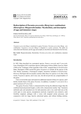 Heteroptera: Rhyparochromidae: Myodochini), and Description of Eggs and Immature Stages