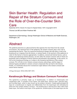 Skin Barrier Health: Regulation and Repair of the Stratum Corneum And