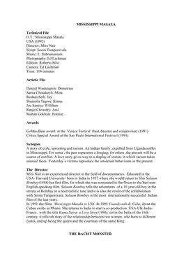 MISSISSIPPI MASALA Technical File O.T.: Mississippi Masala USA (1992