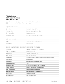 FCA CANADA 2021 Jeep® Cherokee SPECIFICATIONS