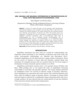 SEX, ORGANAL and SEASONAL DIFFERENCES of HELMINTHOFAUNA of TOAD, BUFO MELANOSTICTUS (SCHNEIDER, 1799) Aleya Begum* and Nasrin Ba