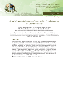 Growth Stress in Peltophorum Dubium and Its Correlation with the Growth Variables