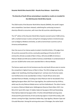 Decanter World Wine Awards 2018 – Results Press Release – South Africa