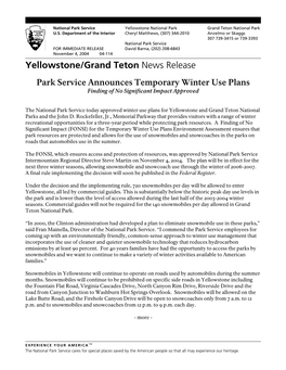 Yellowstone/Grand Teton News Release