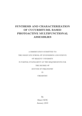 Synthesis and Characterization of Cucurbituril Based Photoactive Multifunctional Assemblies