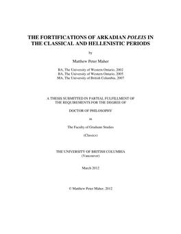 The Fortifications of Arkadian Poleis in the Classical and Hellenistic Periods