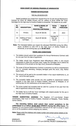 On-Site Annual Maintenance Contract for Ricoh SP 300DN Printers and for Refilling of Ricoh Sp300 DN Toner Cartridges for the High Court of Andhra Pradesh at Amaravati