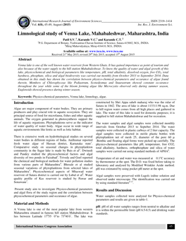 Limnological Study of Venna Lake, Mahabaleshwar, Maharashtra, India