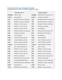 Channel Program July 31 to August 6