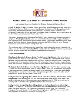 Atlanta Tipoff Club Names 2011 High School Award Winners