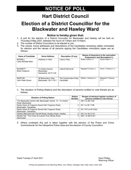 NOTICE of POLL Hart District Council Election of a District Councillor For