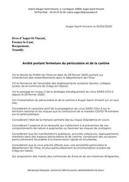 Arrêté Municipal Dimanche 1Er Mars 20 Covid 19 Et Périscolaire