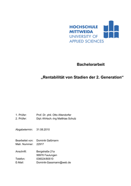 Bachelorarbeit „Rentabilität Von Stadien Der 2. Generation“