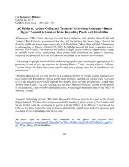 AG Balderas, Auditor Colón, and Treasurer Eichenberg Announce “Dream Bigger” Summit to Focus on Issues Impacting People with Disabilities