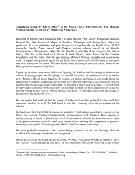 Acceptance Speech by Ela R. Bhatt1 at the Simon Fraser University for the Thakore Visiting Scholar Award on 2Nd October, in Vancouver