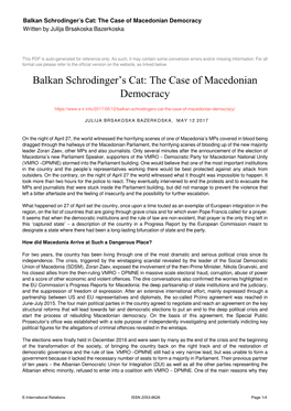 The Case of Macedonian Democracy Written by Julija Brsakoska Bazerkoska