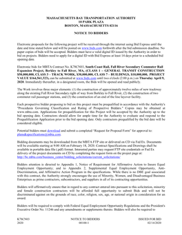 Massachusetts Bay Transportation Authority 10 Park Plaza Boston, Massachusetts 02116