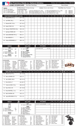 San Francisco Giants Vs. Oakland Athletics Monday, July 31, 2017 W 7:05 P.M