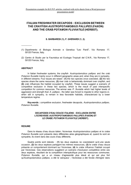Italian Freshwater Decapods : Exclusion Between the Crayfish Austropotamobius Pallipes (Faxon) and the Crab Potamon Fluviatile (Herbst)