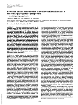 Evolution of Nest Construction in Swallows (Hirundinidae): a Molecular Phylogenetic Perspective (Aves/Phylogeny/Biogeography/Behavior) DAVID W