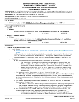 DOWNTOWN BARRIE BUSINESS ASSOCIATION (BIA) BOARD of MANAGEMENT MINUTES - QUORUM TUESDAY SEPTEMBER 25TH, 2019 – 5:00PM to 7:00PM