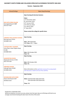 Sixth Form Open Day Dates