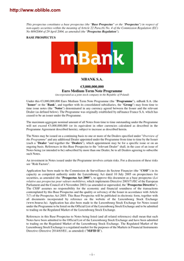 MBANK S.A. €3,000,000,000 Euro Medium Term Note Programme (Incorporated As a Joint Stock Company in the Republic of Poland)