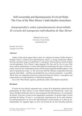 Self-Ownership and Spontaneously-Evolved Order. the Core of the Max Stirner’S Individualist Anarchism