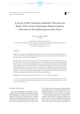 Placenticeras Meek, 1876, in the United States Western Interior, with Notes on the Earliest Species from Texas