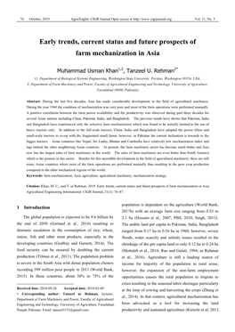 Early Trends, Current Status and Future Prospects of Farm Mechanization in Asia