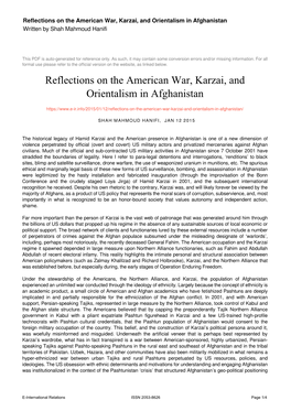 Reflections on the American War, Karzai, and Orientalism in Afghanistan Written by Shah Mahmoud Hanifi