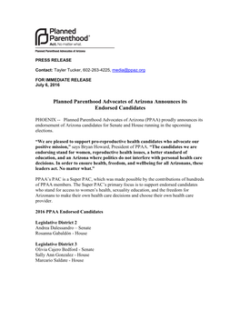 Planned Parenthood Advocates of Arizona Announces Its Endorsed Candidates