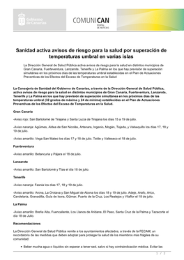 Sanidad Activa Avisos De Riesgo Para La Salud Por Superación De Temperaturas Umbral En Varias Islas