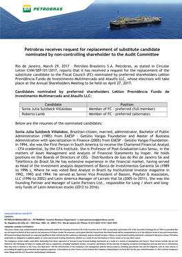 Petrobras Receives Request for Replacement of Substitute Candidate Nominated by Non-Controlling Shareholder to the Audit Committee