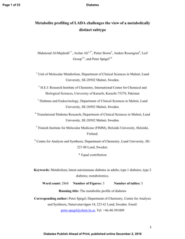 Metabolite Profiling of LADA Challenges the View of a Metabolically Distinct Subtype